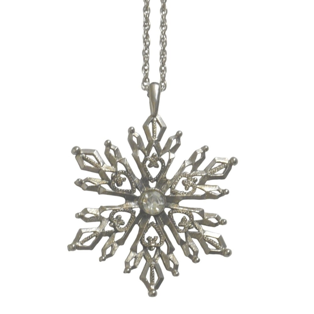 Snowflakeโ Pendant Necklace 24" Silver Tone Filigree Rhinestone Center